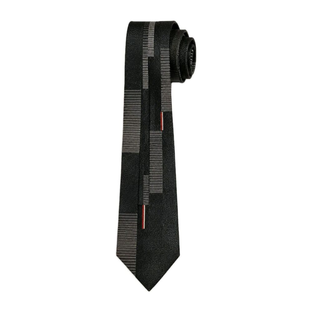 Vtg Black Skinny Necktie Metallic Stripe Geometric Euro Design 2” Wide 56" L